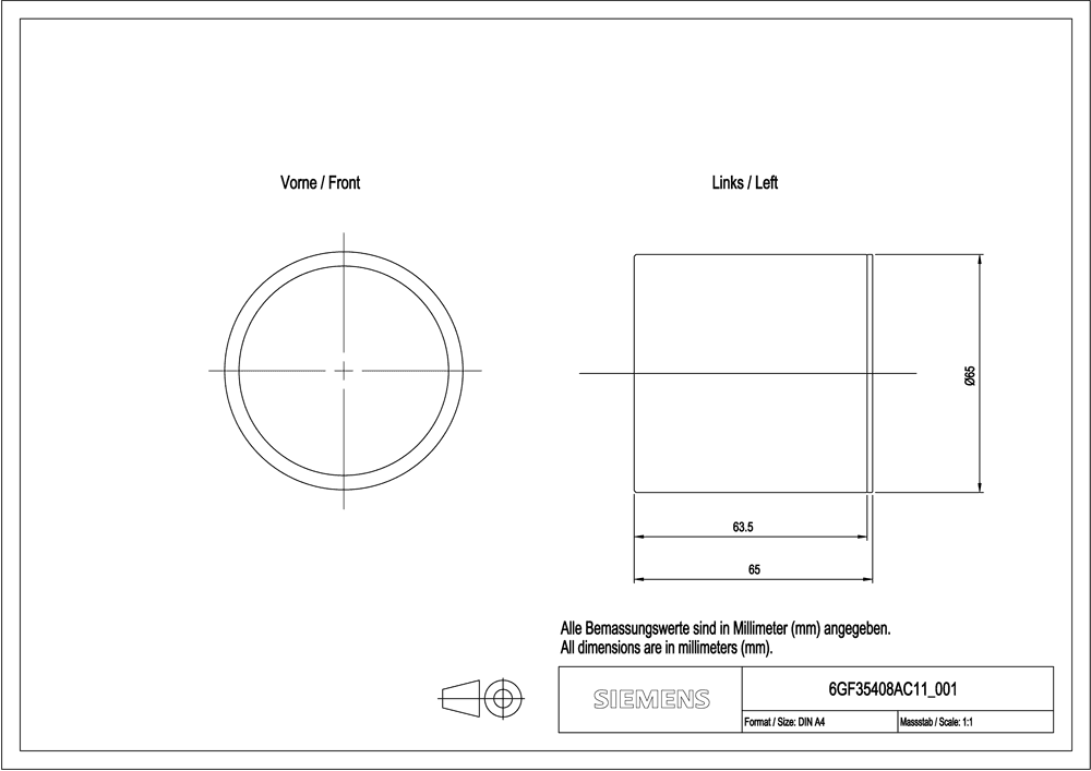 MV500 protective barrel glass degree of protection IP67 for MV500 devices face plate: glass enclosure: metal for lens length without/with built-in ring light 48.5 mm/23.9 mm For lens width without/with built-in ring light 60.4 mm/41.6 mm Suitable for lenses (MLFB): 6GF9001-1BL01 - Image 2