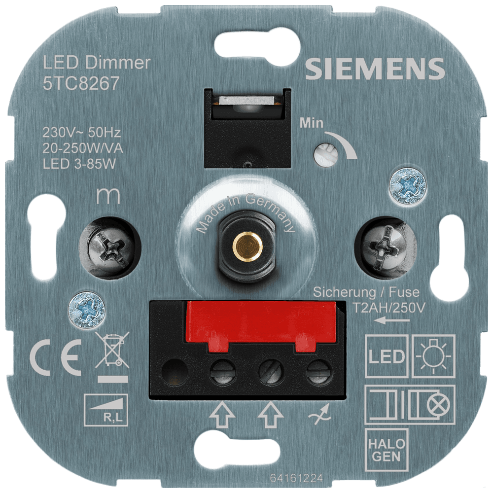 Rotary dimmer with pushbutton on/off for LED lamps 3-85W and incandescent and halogen lamps with magnetic trafo 20-250W/VA by Siemens
