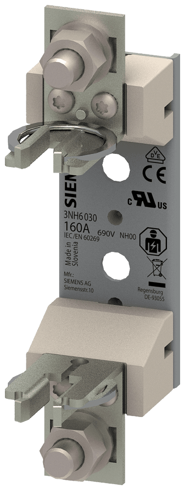 HRC fuse base ceramic Sz.00 1-pole 160A 690V (1000V) flat terminal by Siemens