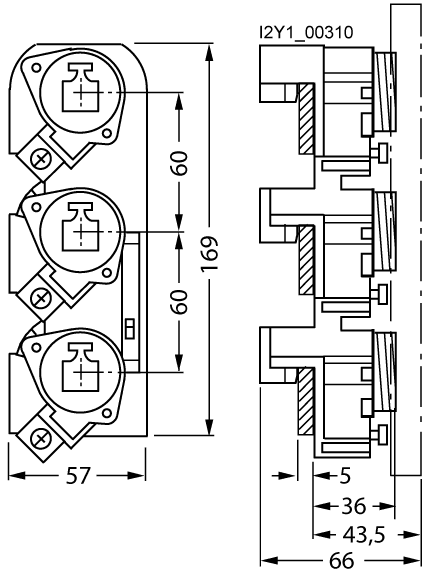 SR60 base DIAZED DIII 3-pole 690 V AC 500 V DC for Adapter screw for 5/10 mm busbar thickness with clamp-type terminals - Image 2