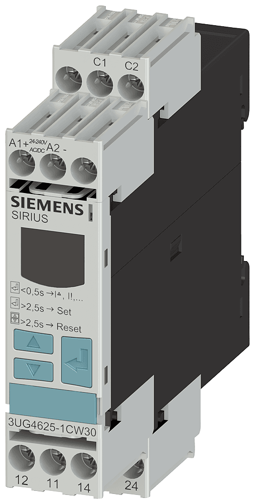 !!! product phase-out !!! the preferred successor is 3UG5625-1CW30 digital monitoring relay for residual current monitoring (with current transformer 3UL23) adjustment range 0.03...40 A separate for warning threshold and trip value supply voltage 24 ... 240 V AC/DC by Siemens