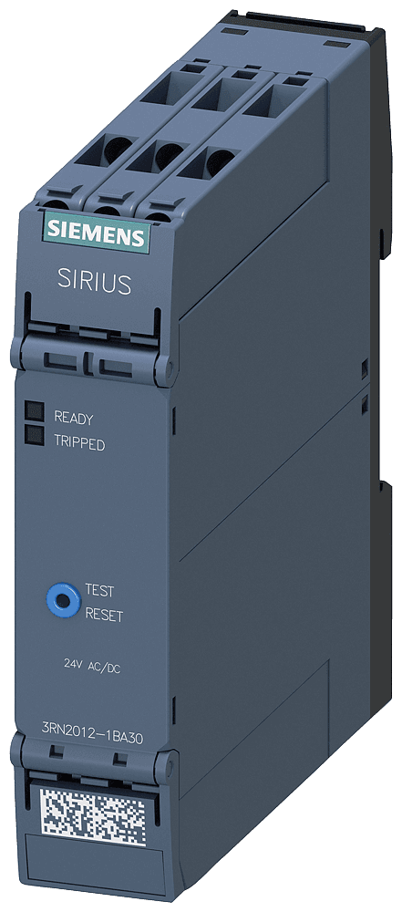 thermistor motor protection relay standard evaluation unit 22.5 mm enclosure screw terminal 2 changeover contacts Us = 24 V AC/DC manual/auto/remote RESET with ATEX approval 2 LEDs (ready/tripped) electrical isolation test/RESET button wire-break monitoring short-circuit monitoring non-volatile by Siemens
