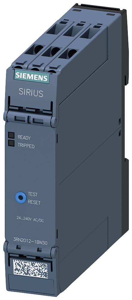 thermistor motor protection relay standard evaluation unit 22.5 mm enclosure screw terminal 2 changeover contacts Us = 24 V-240 V AC/DC manual/auto/remote RESET with ATEX approval 2 LEDs (ready/tripped) electrical isolation test/RESET button wire-break monitoring short-circuit monitoring non-volatile by Siemens