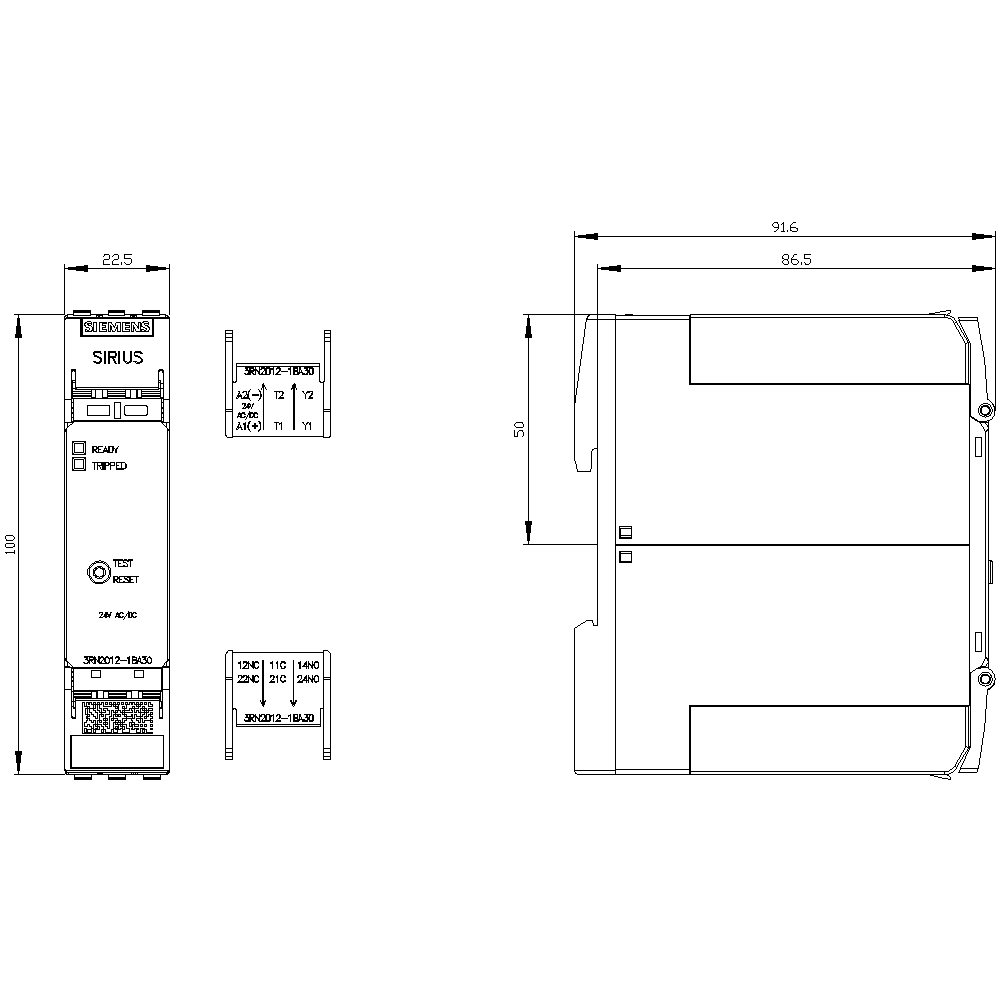thermistor motor protection relay standard evaluation unit 22.5 mm enclosure screw terminal 2 changeover contacts Us = 24 V AC/DC manual/auto/remote RESET with ATEX approval 2 LEDs (ready/tripped) electrical isolation test/RESET button wire-break monitoring short-circuit monitoring non-volatile - Image 2