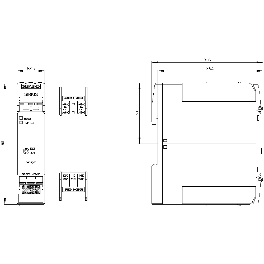 thermistor motor protection relay standard evaluation unit 22.5 mm enclosure spring-loaded terminal 2 changeover contacts Us = 24 V AC/DC manual/remote RESET with ATEX approval 2 LEDs (ready/tripped) electrical isolation test/RESET button wire-break monitoring short-circuit monitoring - Image 2