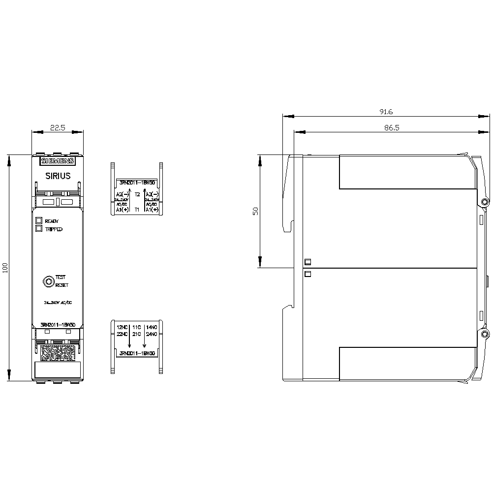 thermistor motor protection relay standard evaluation unit 22.5 mm enclosure screw terminal 2 changeover contacts Us = 24 V-240 V AC/DC manual/remote RESET with ATEX approval 2 LEDs (ready/tripped) electrical isolation test/RESET button wire-break monitoring short-circuit monitoring - Image 2