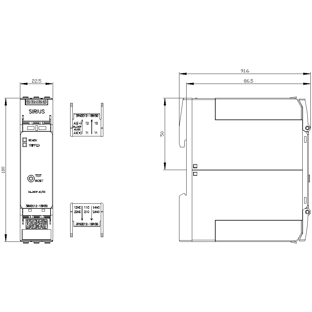 thermistor motor protection relay standard evaluation unit 22.5 mm enclosure screw terminal 2 changeover contacts Us = 24 V-240 V AC/DC manual/auto/remote RESET with ATEX approval 2 LEDs (ready/tripped) electrical isolation test/RESET button wire-break monitoring short-circuit monitoring non-volatile - Image 2