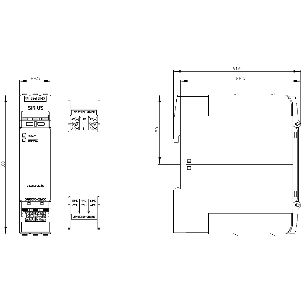 thermistor motor protection relay standard evaluation unit 22.5 mm enclosure spring-loaded terminal 2 changeover contacts Us = 24 V-240 V AC/DC Auto RESET suitable for bimetallic switch 2 LEDs (ready/tripped) electrical isolation - Image 2