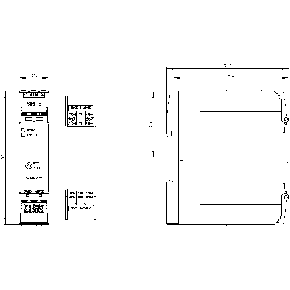 thermistor motor protection relay standard evaluation unit 22.5 mm enclosure spring-loaded terminal 2 changeover contacts Us = 24 V-240 V AC/DC manual/remote RESET with ATEX approval 2 LEDs (ready/tripped) electrical isolation test/RESET button wire-break monitoring short-circuit monitoring - Image 2