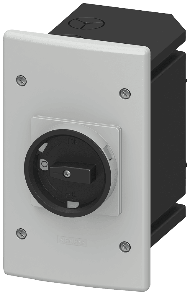 molded-plastic enclosure for flush mounting with rotary operating mechanism by Siemens