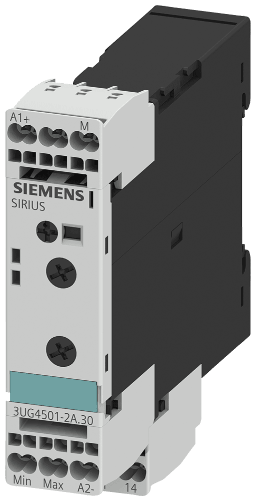 !!! product phase-out !!! the preferred successor is 3UG5501-2AW30 analog monitoring relay level monitoring resistance monitoring from 2 to 200 kohm overshoot and undershoot supply voltage 24 V AC/DC 50 to 60 Hz DC and AC without electrical isolation to measuring circuit 2-step or 1-step control tripping delay 0.5 to 10 s 1 changeover contact spring-loaded connection system by Siemens