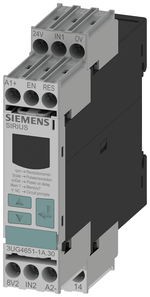 !!! product phase-out !!! the preferred successor is 3UG5651-1CW30 digital monitoring relay speed monitoring from 0.1 to 2200 r/min overshoot and undershoot supply voltage: 24 V AC/DC 50 to 60 Hz DC and AC without electrical isolation to the measuring circuit ON-delay 1 to 900 s tripping delay 0.1 to 99.9 s hysteresis 0.1 to 99 r/min 1 changeover contact with or without fault buffer by Siemens