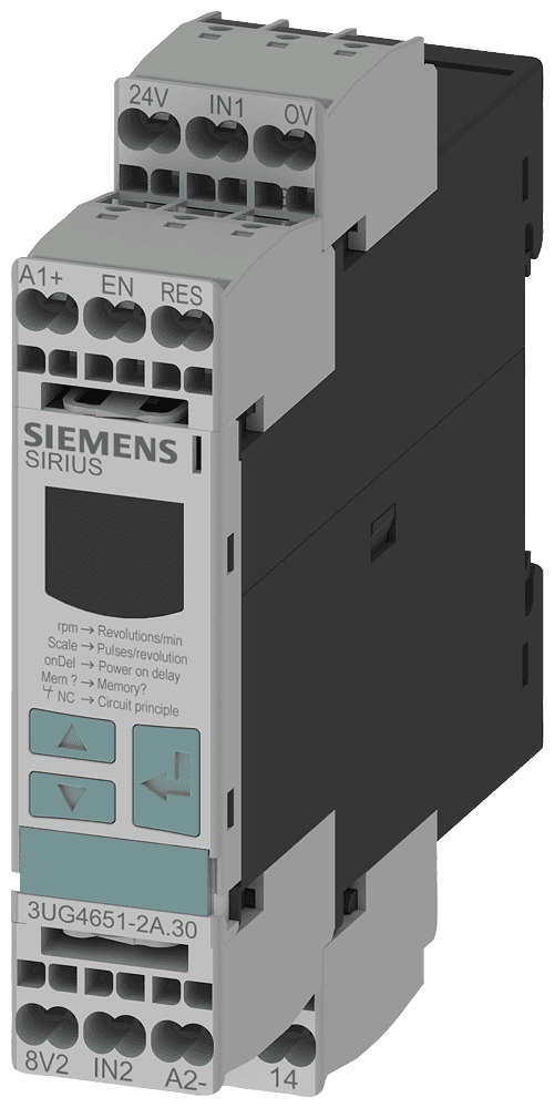 !!! product phase-out !!! the preferred successor is 3UG5651-2CW30 digital monitoring relay speed monitoring from 0.1 to 2200 r/min overshoot and undershoot supply voltage: 24 V AC/DC 50 to 60 Hz DC and AC without electrical isolation to the measuring circuit ON-delay 1 to 900 s tripping delay 0.1 to 99.9 s hysteresis 0.1 to 99 r/min 1 changeover contact with or without fault buffer spring-loaded connection system by Siemens