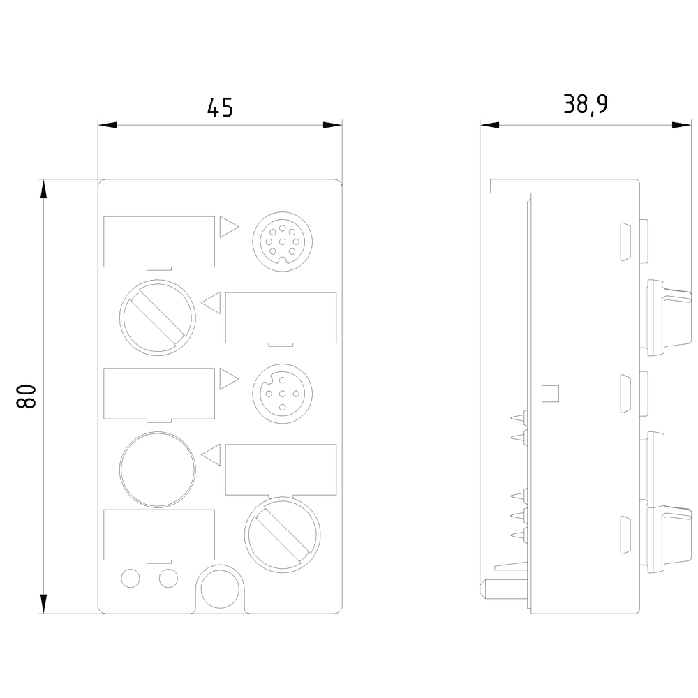 ASIsafe compact module K45F LS Type 2 (light sensor) for testing semiconductor output Sensor supply from AS-i Maximum current carrying capacity 200 mA Mounting plate 3RK1901-2EA00 or 3RK1901-2DA00 must be ordered separately - Image 2