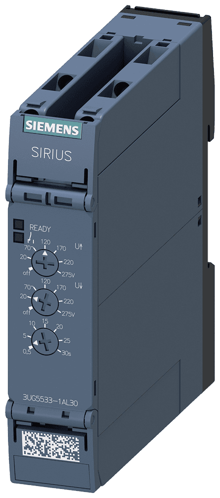 analog monitoring relay voltage monitoring from 20 to 275 V AC/DC overshoot and undershoot with internal power supply 24 to 240 V DC and AC 50 to 60 Hz ON delay and tripping delay 0.1 .. 30 s 1 changeover contact screw terminal by Siemens