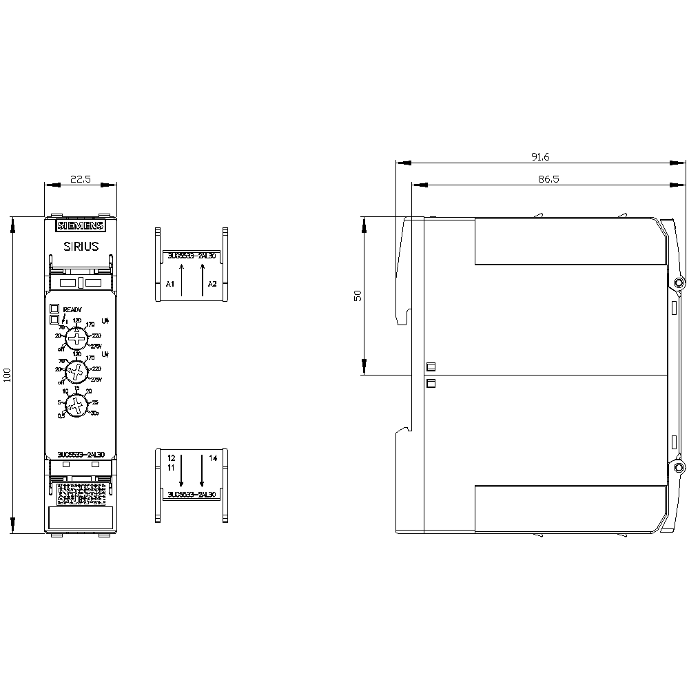 analog monitoring relay voltage monitoring from 20 to 275 V AC/DC overshoot and undershoot with internal power supply 24 to 240 V DC and AC 50 to 60 Hz ON delay and tripping delay 0.1 .. 30 s 1 changeover contact spring-loaded terminal - Image 3
