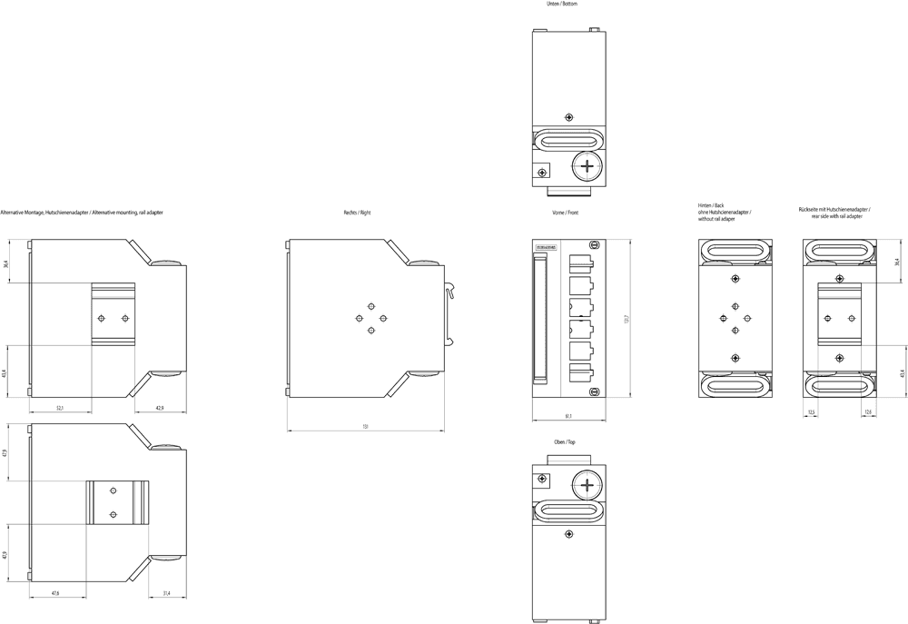 Cu/FO modular outlet module support for mounting of IE RJ45 Keystone or FO LC coupler; mounting on DIN rail; 1 pack = 1 unit. - Image 2