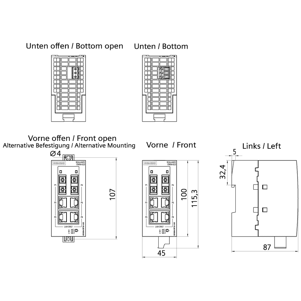 SCALANCE XB004-2LD unmanaged Industrial Ethernet Switch for 10/100 Mbit/s; for setting up small star and line topologies; LED diagnostics - Image 2