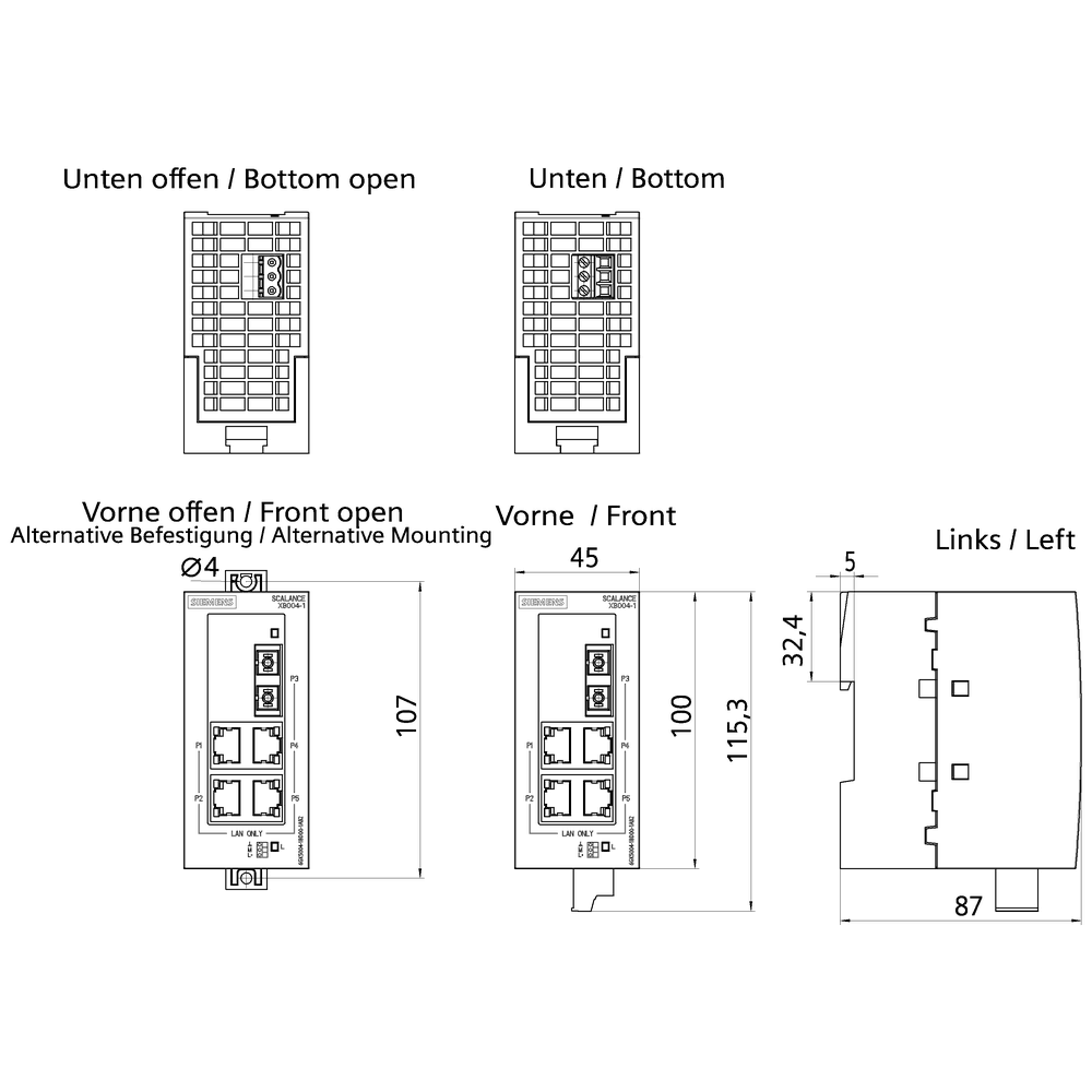 SCALANCE XB004-1 unmanaged Industrial Ethernet Switch for 10/100 Mbit/s; for setting up small star and line topologies; LED diagnostics - Image 2