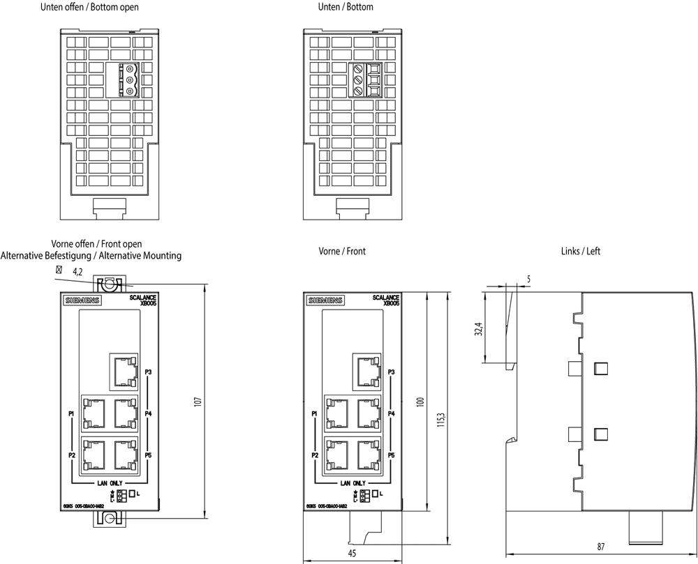 SCALANCE XB005 unmanaged Industrial Ethernet Switch for 10/100 Mbit/s; for setting up small star and line topologies; LED diagnostics - Image 2