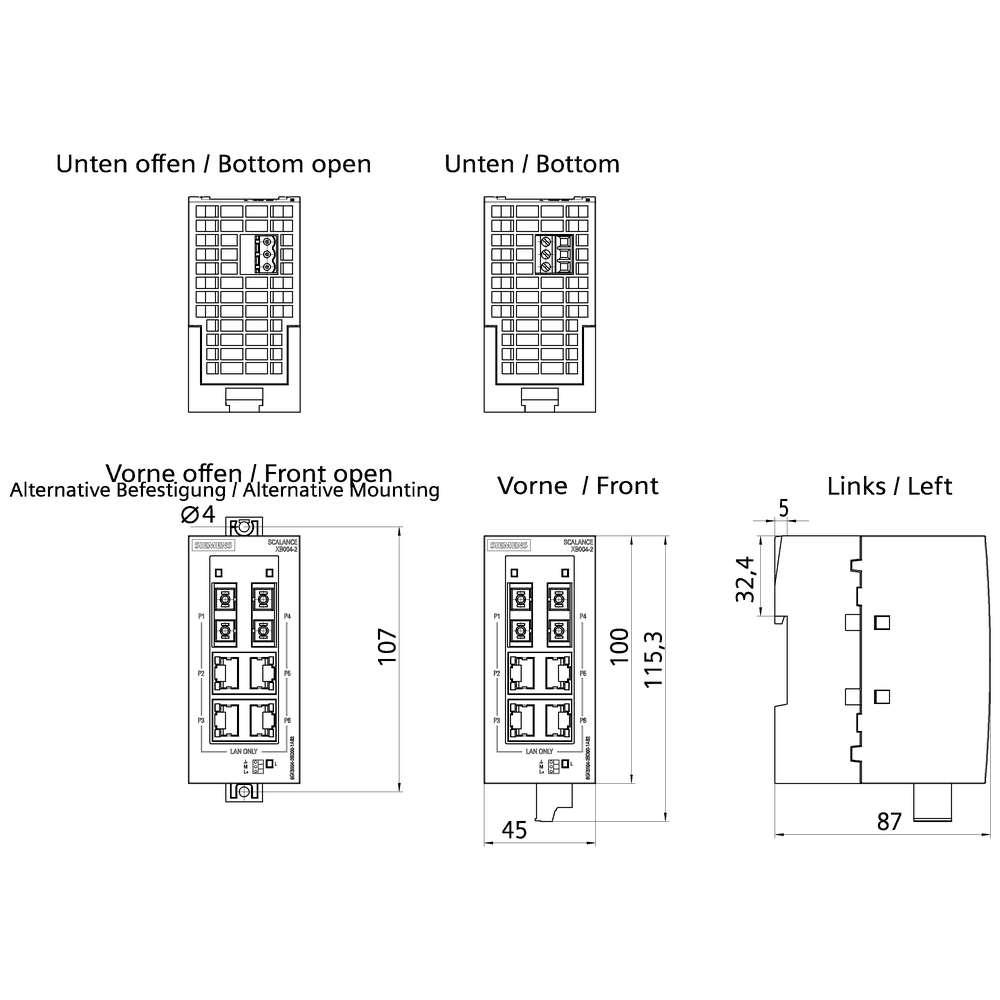 SCALANCE XB004-2 unmanaged Industrial Ethernet Switch for 10/100 Mbit/s; for setting up small star and line topologies; LED diagnostics - Image 2
