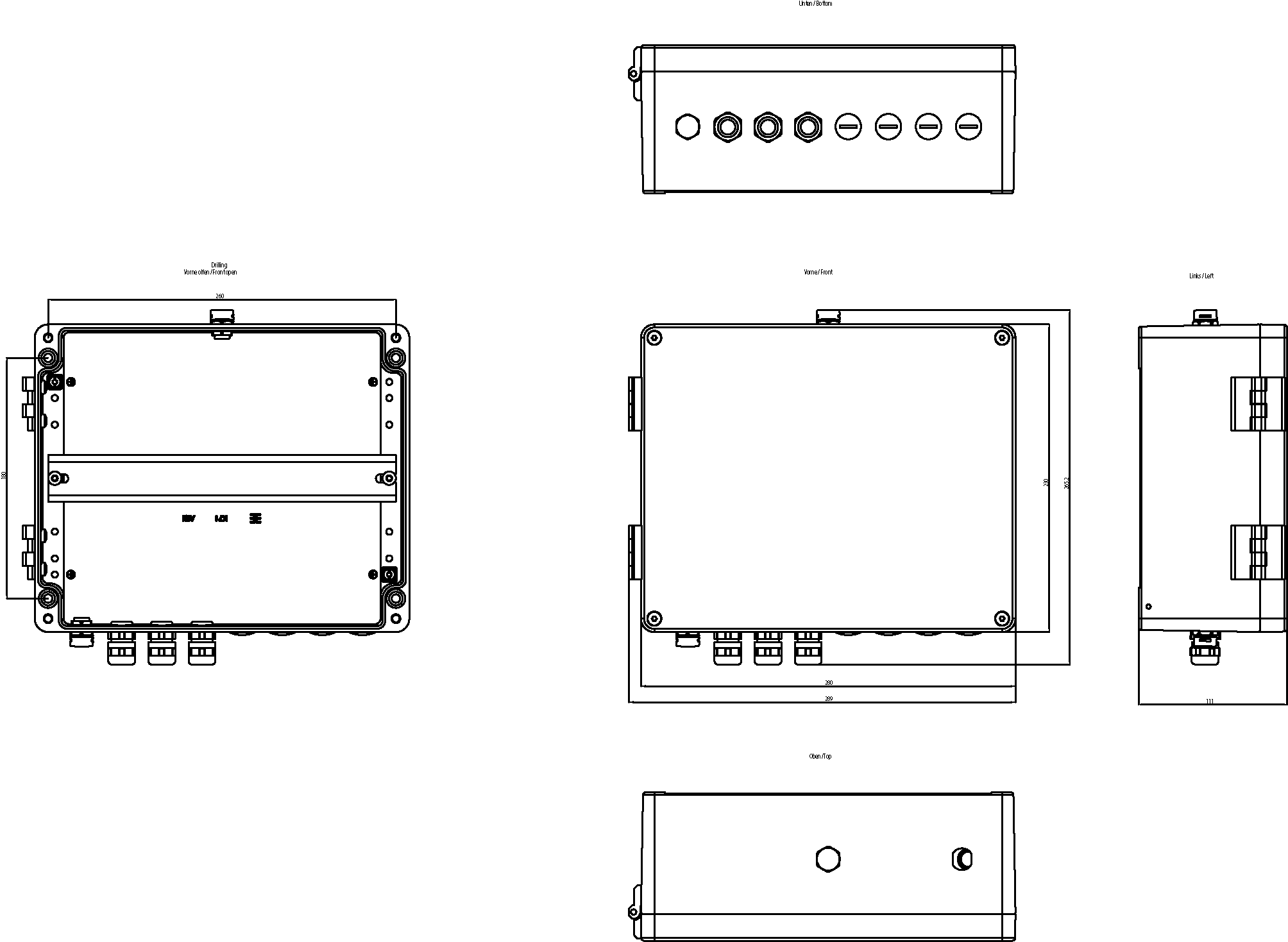 Degree of protection of aluminum enclosure IP68; suitable for SIMATIC RTU3000C; temperature range -40 to +80 °C; Cover with pin-torx screws; 7 Cable bushings and bushing for mobile radio antenna prepared; please order the cable glands and sealing plugs in the required number separately . - Image 2