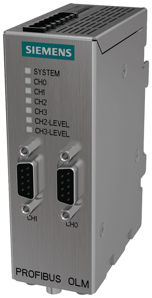 PROFIBUS OLM/G22 V4.0; Optical link module with 2 RS 485 and 2 glass fiber optic cable interfaces (4 BFOC sockets) for standard Distances up to 2850 m; with signaling contact and measuring output. by Siemens