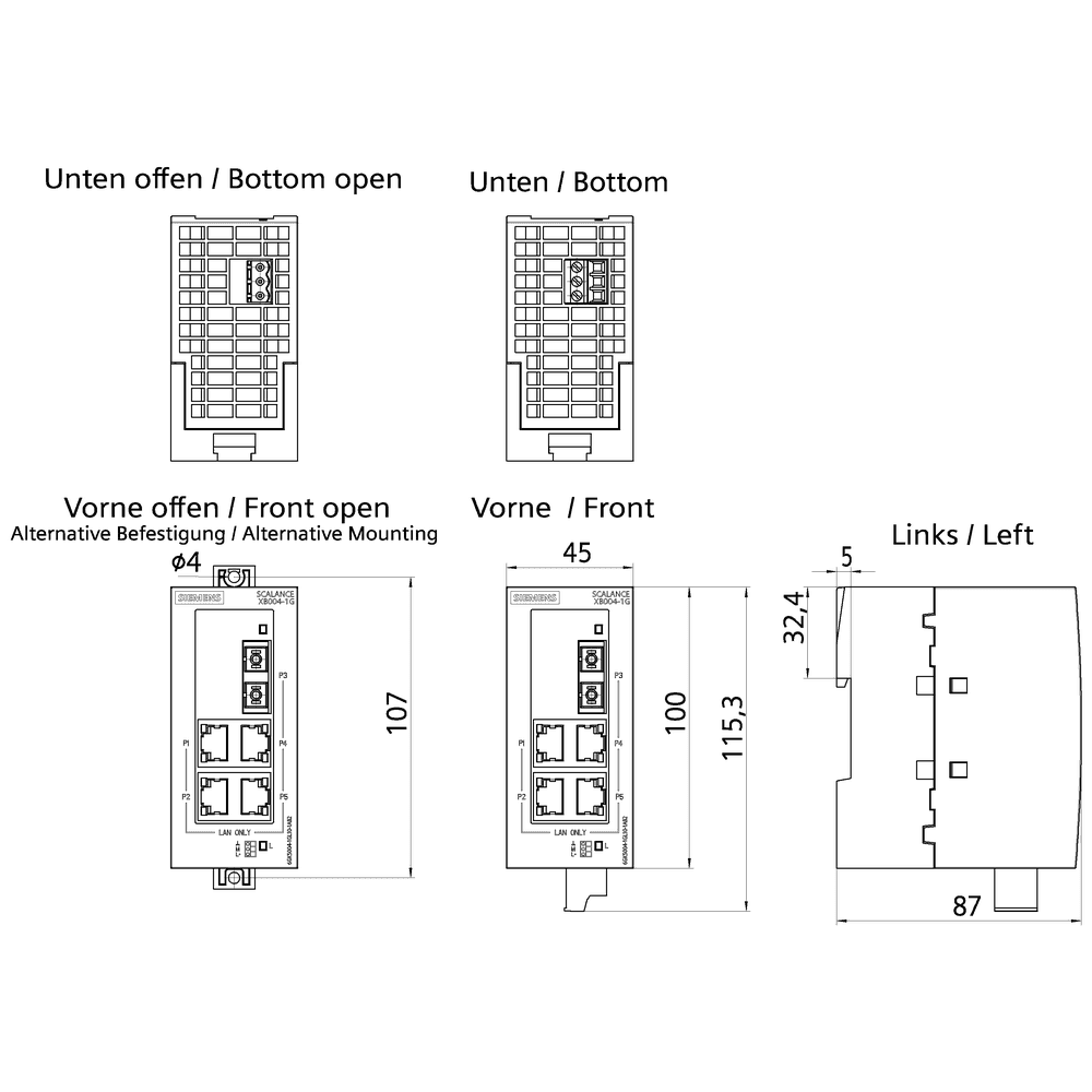SCALANCE XB004-1G unmanaged Industrial Ethernet Switch for 10/100/1000 Mbit/s; for setting up small star and line topologies; LED diagnostics - Image 2