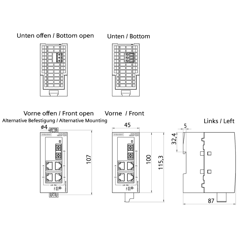 SCALANCE XB004-1LDG unmanaged Industrial Ethernet Switch for 10/100/1000 Mbit/s; for setting up small star and line topologies; LED diagnostics - Image 2