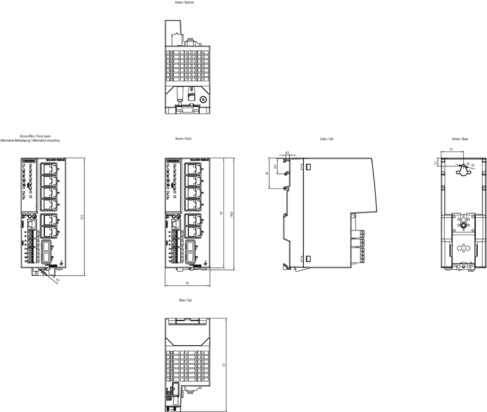 SCALANCE SC636-2C Industrial Security Appliance; For protection of devices and networks in discrete manufacturing and the process industry for protection of the industrial communication with firewall; Further functions: address conversion (NAT/NAPT); Connection to SINEMA RC; 4x ports electrical 10/100/1000 Mbit/s RJ45 and 2x combo port electrical or optical; 10/100/1000 Mbit/s RJ45 or 100 Mbit/s SFP or 1000 Mbit/s SFP. - Image 2