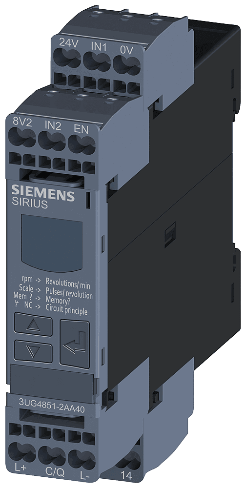 !!! product phase-out !!! the preferred successor is 3UG5851-2AA40 digital monitoring relay speed monitoring for IO-Link from 0.1 to 2200 r/min overshoot and undershoot ON-delay time tripping delay time hysteresis 0.1 to 99 r/min 1 changeover contact by Siemens