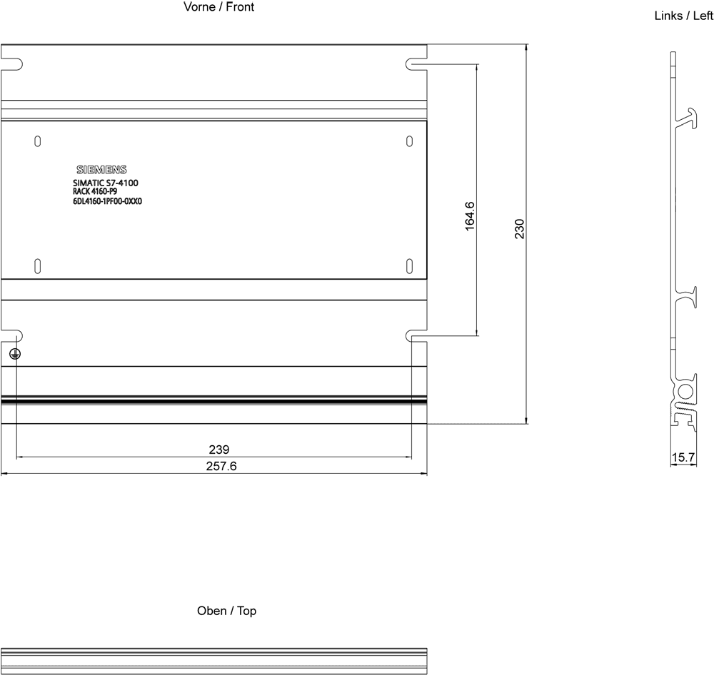 SIMATIC xN 4100; rack 257 mm (approx. 9.6 inch) made of aluminum; for holding a bus module with 9 slots or for use with U-connectors with max. 7 modules (equivalent to 9 slots); S7-1500 U-connectors must be ordered separately - Image 2