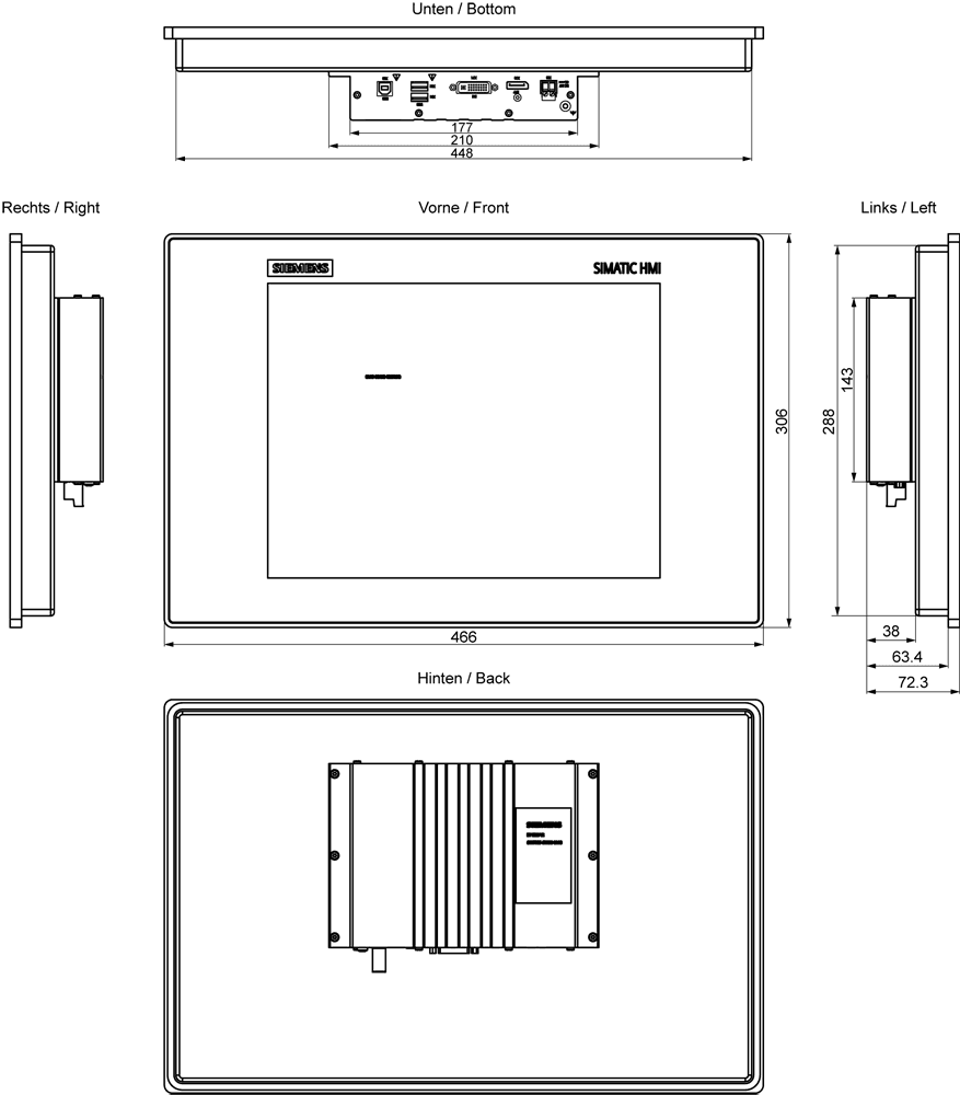 SIMATIC IFP1500 V2 Standard 4:3 15" multi-touch display (4:3) with 1024x768 pixel resolution; built-in unit for 24 V DC; display port/DVI interface; including DP/USB cable 1.8 m; USB on the rear side; standard Siemens design by Siemens