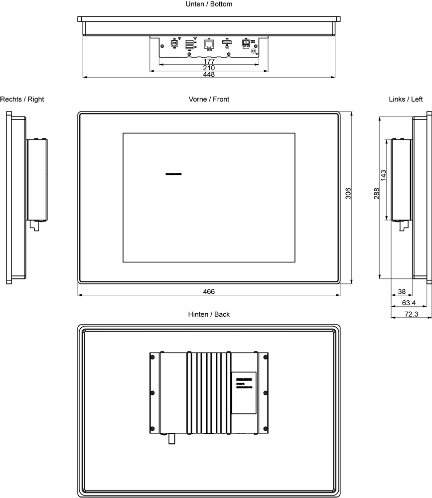 SIMATIC IFP1500 V2 Extended 4:3 15" multi-touch display (4:3) with 1024x768 pixel resolution; built-in unit for 24 V DC; DisplayPort; can be placed up to 100 m away HDBaseT; USB on the rear side; neutral design by Siemens