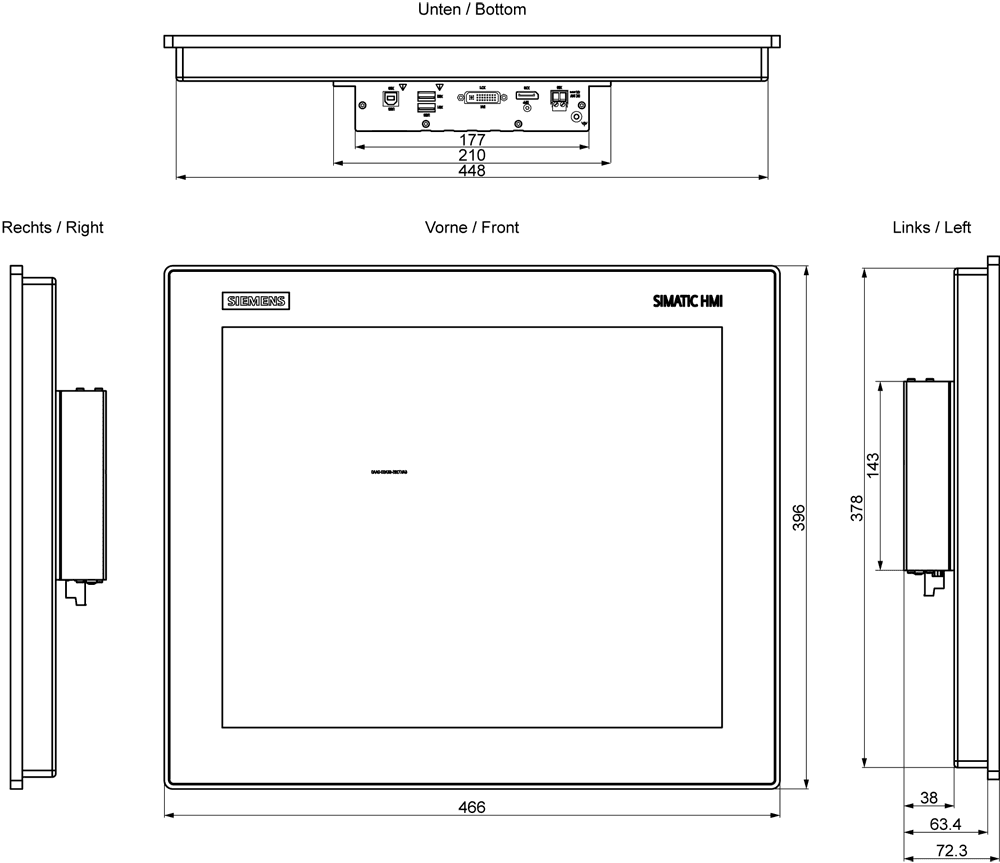 SIMATIC IFP1900 V2 Standard 5:4 19" multi-touch display (5:4) with 1280x1024 pixel resolution; built-in unit for 24 V DC; display port/DVI interface; including DP/USB cable 1.8 m; USB on the rear side; standard Siemens design by Siemens