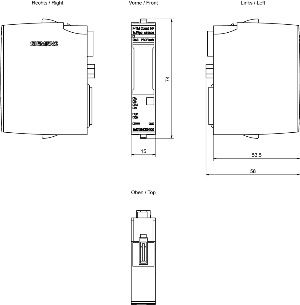 SIPLUS ET 200SP F-TM Count HF RAIL based on 6ES7136-6CB00-0CA0 with conformal coating OT1: -25...+55 °C ST1/2: 70 °C for 10 minutes . 1x1 Vpp sin/cos HF - Image 2