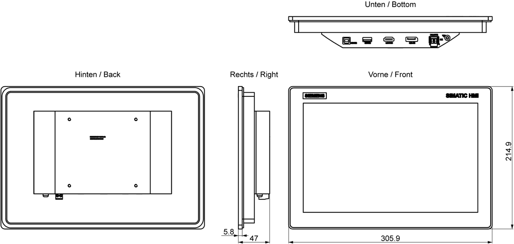 SIMATIC HMI IM-312A multi-touch industrial monitor 12" (resolution 1280 x 800) power supply; 12/24 V DC 1 x DP - Image 2