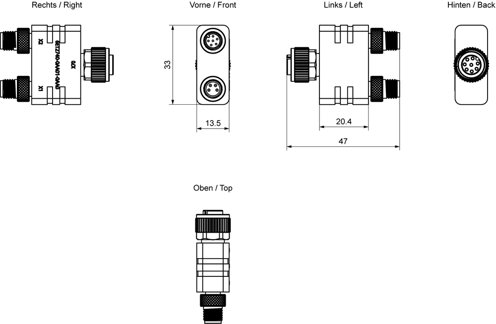 ISP-Y splitter M12 female to 2x M12 male permits the direct connection of Inspekto SmartLight ISP-SSLCB60 and various GigE cameras (e.g. Basler ace by Siemens