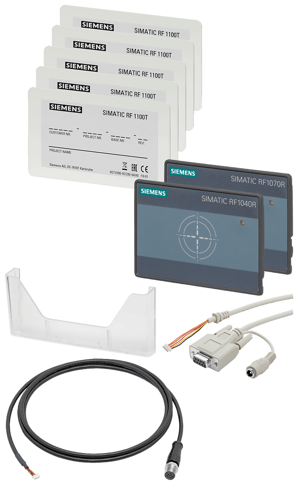 SIMATIC RF1000R starter package 1x SIMATIC RF1040R 1x SIMATIC RF1070R 1x card holder 5x configuration card RF1100T 1x connecting cable for CM 1x connecting cable for PC only 1 package per customer - release by logistics required by Siemens