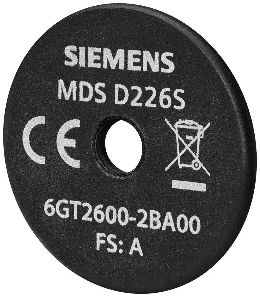 transponder MDS D226S 30x3.2 mm (DxH) ISO 15693 13.56 MHz user memory 316 bytes/2528 bits; NXP SLI-X2 mounting screw M4 not printable -40 to +90 °C IP68/IPX9K range 280 mm MOQ 100 by Siemens