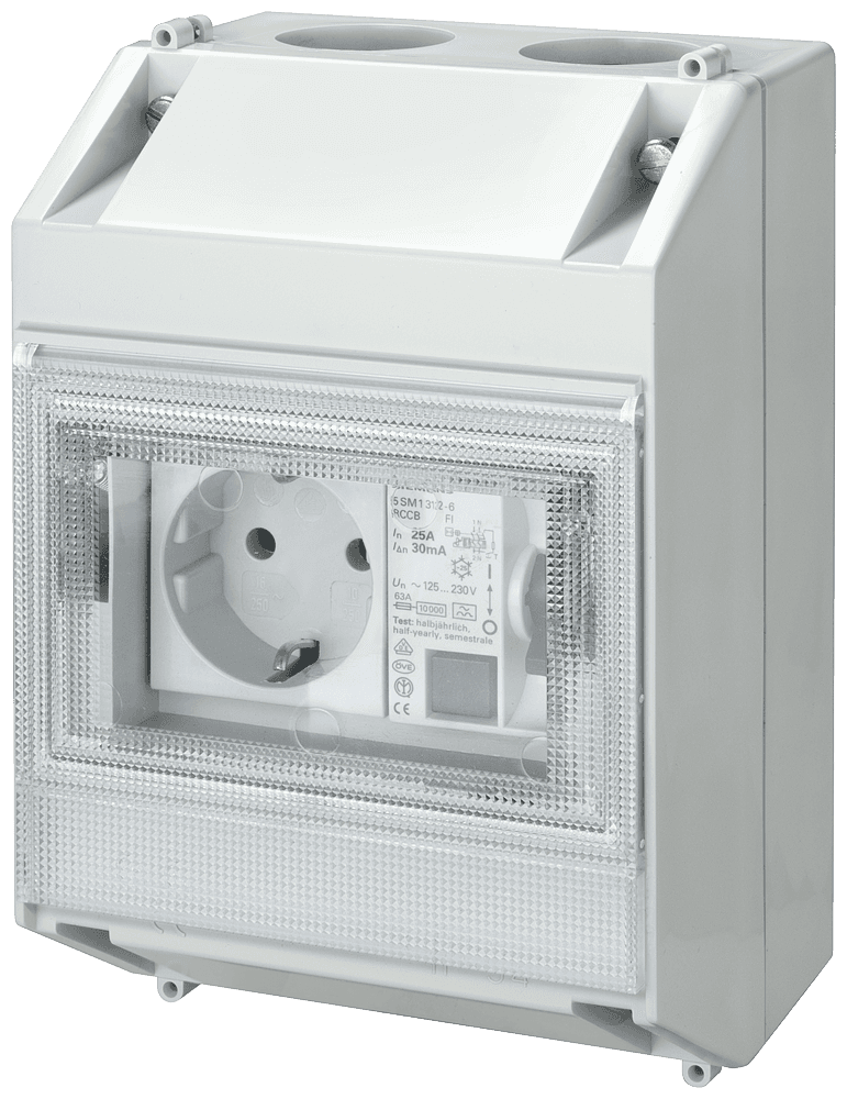RC safety socket outlet T55 Type A (PSE/SSF) 16 A 2-pole IFN 30 mA 125-230 V 2 MW in molded-plastic enclosure by Siemens