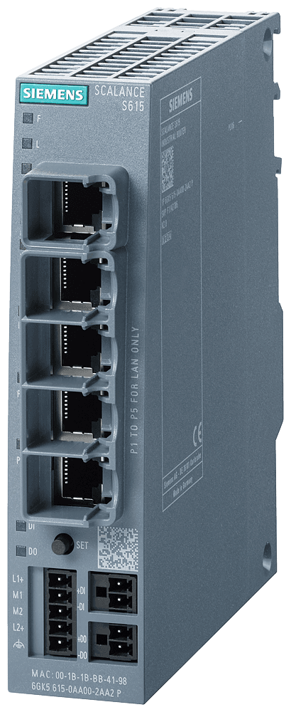 SCALANCE S615 LAN router; for protection of devices/networks in automation technology and for protection of industrial communication by means of VPN and firewall; Further functions: address conversion (NAT/NAPT) by Siemens