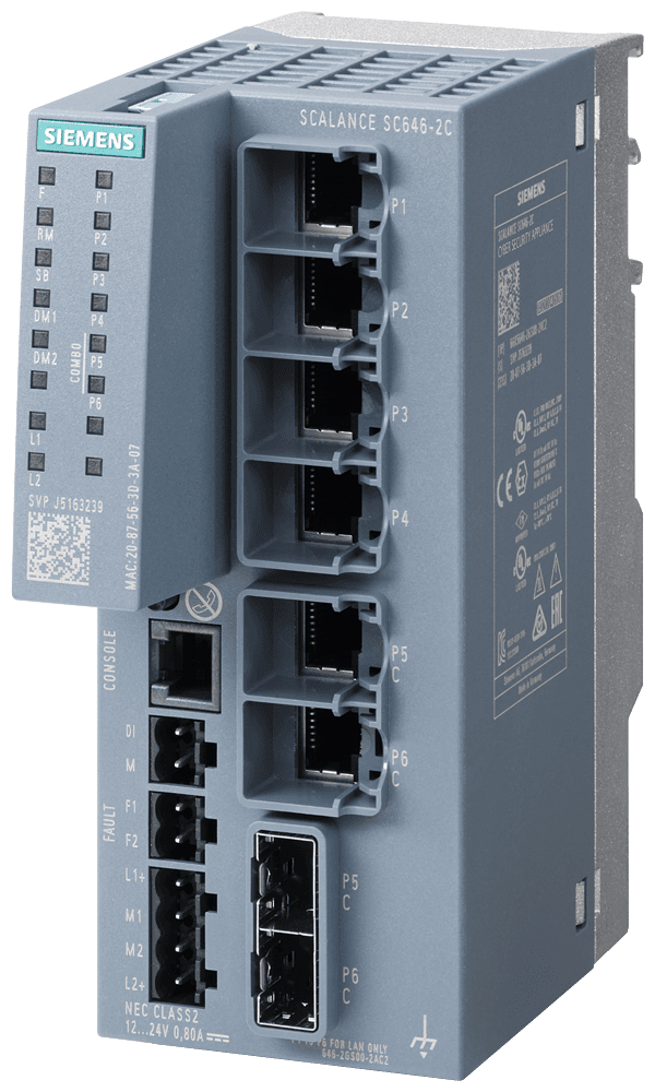SCALANCE SC646-2C Industrial Security Appliance; For protection of devices and networks in discrete manufacturing and the process industry for protection of the industrial communication with firewall and VPN; Further functions: address conversion (NAT/NAPT); Connection to SINEMA RC; 4x ports electrical 10/100/1000 Mbit/s RJ45 and 2x combo port electrical or optical; 10/100/1000 Mbit/s RJ45 or 100 Mbit/s SFP or 1000 Mbit/s SFP. by Siemens