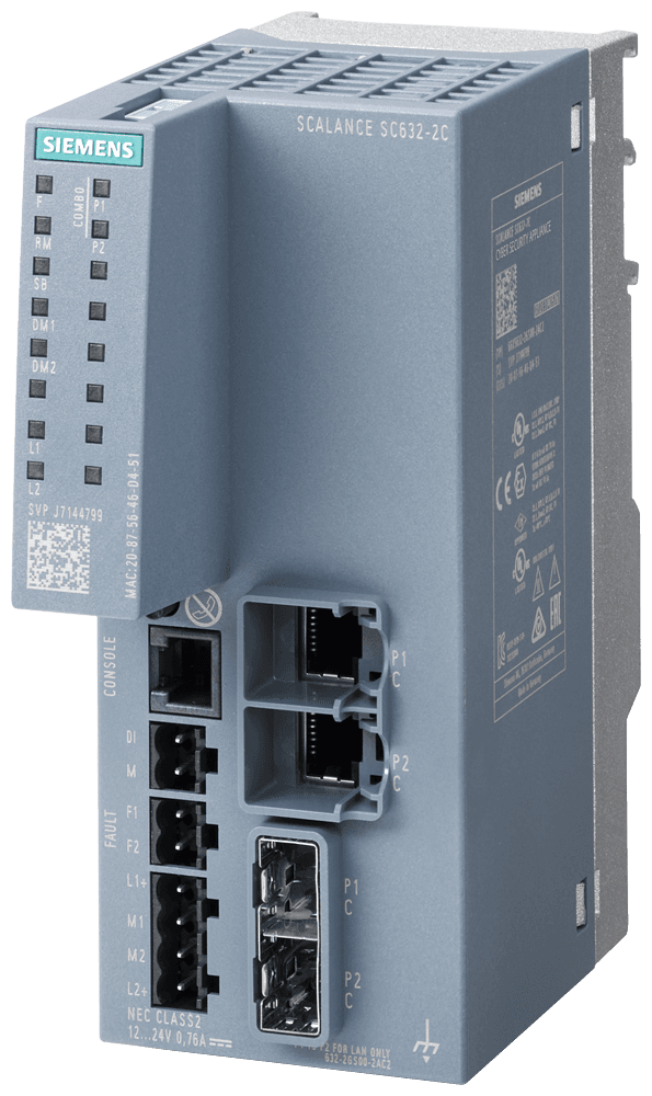 SCALANCE SC632-2C Industrial Security Appliance; For protection of devices and networks in discrete manufacturing and the process industry for protection of the industrial communication with firewall; Further functions: address conversion (NAT/NAPT); Connection to SINEMA RC; 2x combo port electrical or optical; 10/100/1000 Mbit/s RJ45 or 100 Mbit/s SFP or 1000 Mbit/s SFP. by Siemens