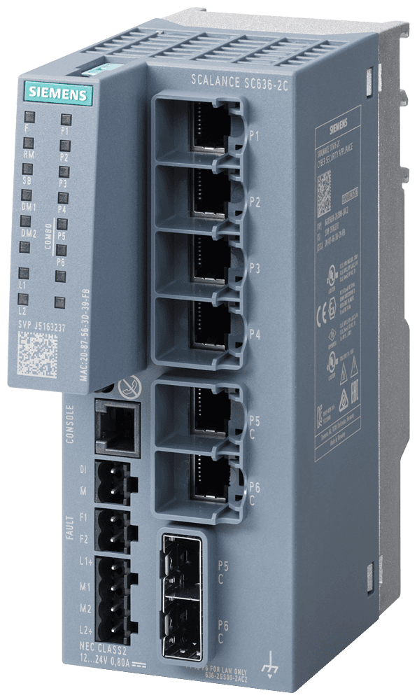 SCALANCE SC636-2C Industrial Security Appliance; For protection of devices and networks in discrete manufacturing and the process industry for protection of the industrial communication with firewall; Further functions: address conversion (NAT/NAPT); Connection to SINEMA RC; 4x ports electrical 10/100/1000 Mbit/s RJ45 and 2x combo port electrical or optical; 10/100/1000 Mbit/s RJ45 or 100 Mbit/s SFP or 1000 Mbit/s SFP. by Siemens