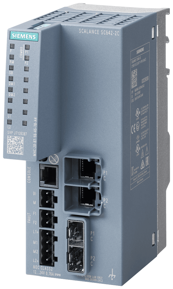 SCALANCE SC642-2C Industrial Security Appliance; For protection of devices and networks in discrete manufacturing and the process industry for protection of the industrial communication with firewall and VPN; Further functions: address conversion (NAT/NAPT); Connection to SINEMA RC; 2x combo port electrical or optical; 10/100/1000 Mbit/s RJ45 or 100 Mbit/s SFP or 1000 Mbit/s SFP. by Siemens
