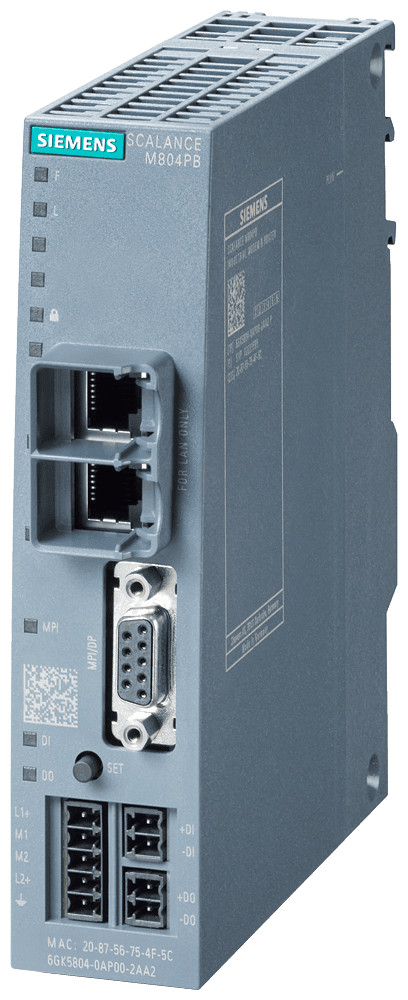SCALANCE M804PB; Router for secure remote connection of PROFIBUS / MPI programmable controllers at Ethernet networks by means of VPN and firewall. Further functions: address conversion (NAT/NAPT) by Siemens