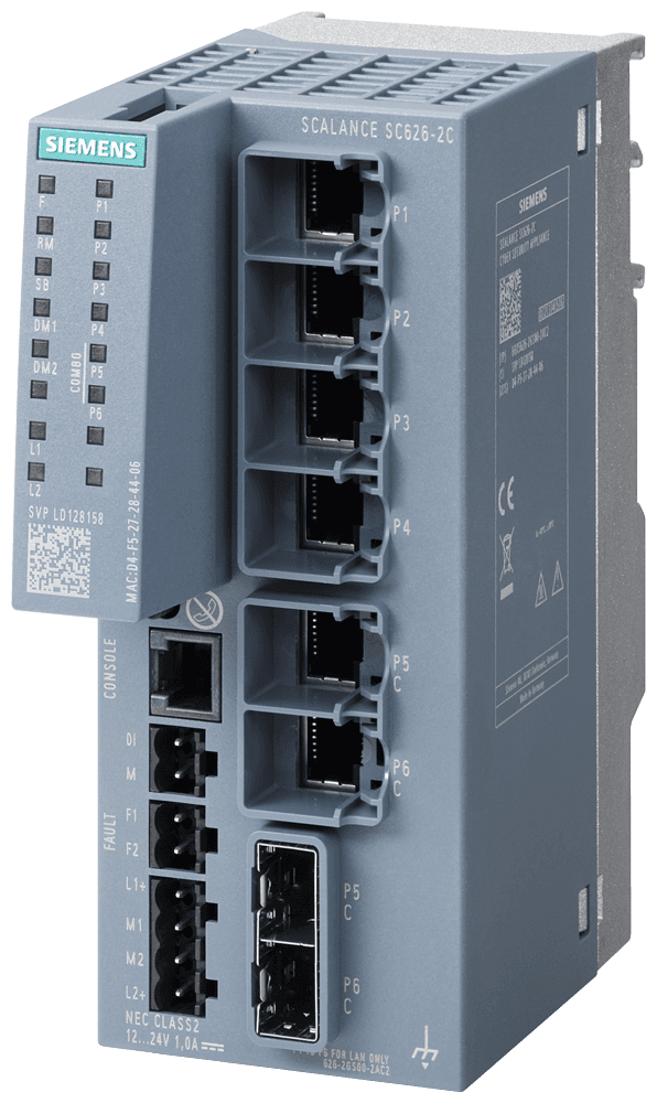 SCALANCE SC626-2C Industrial Security Appliance; for protection of devices and networks in discrete manufacturing and the process industry for protection of the industrial communication with firewall; further functions: network separation according to PROFIsafe; address conversion (NAT/NAPT); connection to SINEMA RC; 4x ports electrical 10/100/1000 Mbps RJ45 and 2x combo port electrical or optical; 10/100/1000 Mbps RJ45 or 1000 Mbps SFP. by Siemens