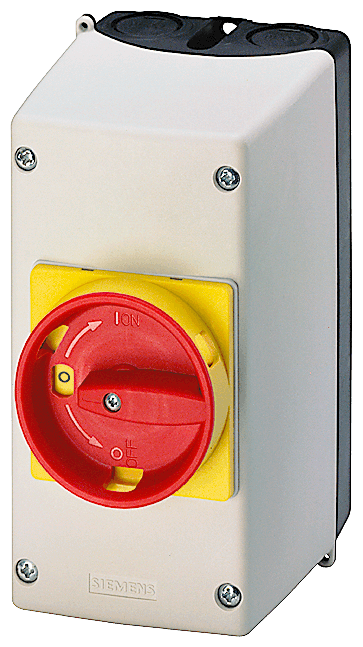 Molded-plastic enclosure for surface mounting with EMERGENCY-STOP rotary operating mechanism 82 mm with metric cable gland No UL/CSA approval by Siemens