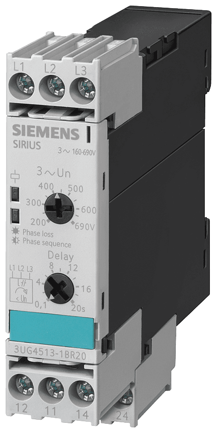 !!! product phase-out !!! the preferred successor is 3UG5514-1BR20 phase failure and sequence monitoring adjustable undervoltage analog monitoring relay phase failure and sequence monitoring adjustable undervoltage asymmetry 20% fixed 3 x 160 to 690 V 50 to 60 Hz AC hysteresis 5% fixed delay time 0-20 s 2 changeover contacts screw terminal by Siemens